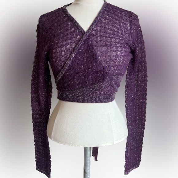 Wrap Knit Ballet Crop Sweater Top Pink Barbie Purple Sheer Blouse Kawaii Pastel - Picture 10 of 17